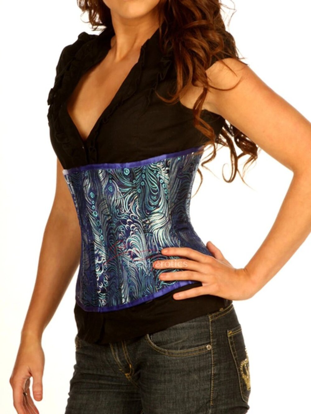 Leatherotics Blue Underbust Corset Brocade Basque Silk Waist Trainer Size 34
